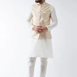 SOJANYA Men Cream-Coloured Self Design Kurta with Churidar & Nehru Jacket-29