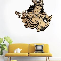 rawpockets Beige & Black Lord Krishna Flute Singing Wall Sticker-image-29