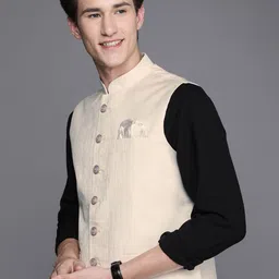 Manyavar Men Off White Solid Nehru Jacket-image-79