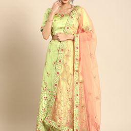 Shaily Green & Peach-Coloured Embroidered Semi-Stitched Lehenga & Unstitched Blouse with Dupatta-26