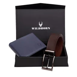 WildHorn Men Blue & Brown RFID Protected Genuine Leather Accessory Gift Set-image-74