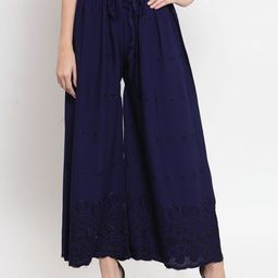 Clora Creation Women Navy Blue Embroidered Chikankari Wide Leg Palazzos-24