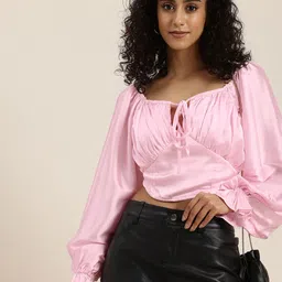 HERE&NOW Tie-Up Neck Puff Sleeves Gathered or Pleated Smocked Detail Top-picture-15