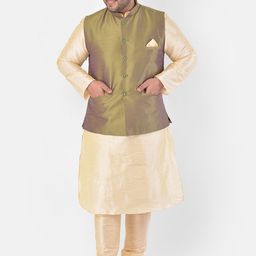 DEYANN PLUS Men Gold-Toned & Green Solid Kurta with Churidar & Jacket-33
