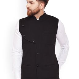 Hypernation Men Black Single-Breasted Nehru Jacket-30