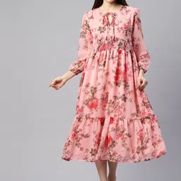 Ives Floral Print Tie-Up Neck Puff Sleeve Georgette Fit & Flare Midi Dress-image-18