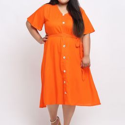 sindrellastorie Women Plus Size Orange Solid A-Line Midi Dress with Belt-image-24