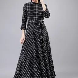 Vishudh Women Black & Off-White Checked Maxi Dress-image-96