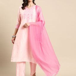 Sangria Floral Printed Regular Chanderi Cotton Kurta With Palazzos & Dupatta-16