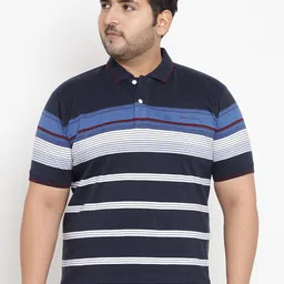 John Pride Plus Size Men Navy Blue Striped Polo Collar T-shirt-image-48