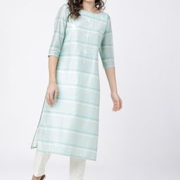 Vishudh Women Cream-Coloured & Turquoise Blue Striped Kurta-picture-31