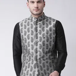 DEYANN Men Grey Printed Nehru Jacket & Pocket Square-34