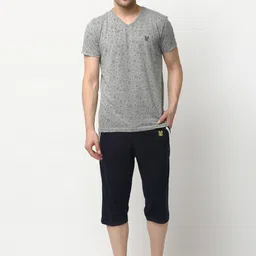 VIMAL JONNEY Men Grey Melange & Navy Blue Printed Night suit-image-66