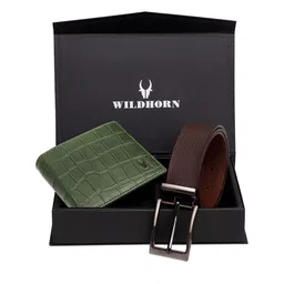WildHorn Men Green & Brown RFID Protected Genuine Leather Accessory Gift Set-image-29