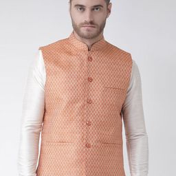 DEYANN Men Orange Woven Design Nehru Jacket-34