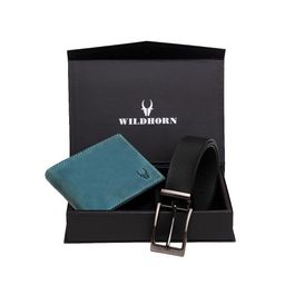 WildHorn Men Teal Blue & Black RFID Protected Genuine Leather Accessory Gift Set-image-121