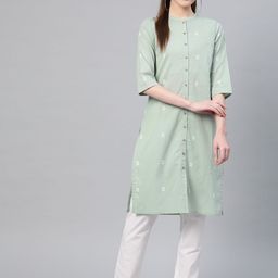 W Women Green & Off-White Printed Pure Cotton Straight Kurta-9