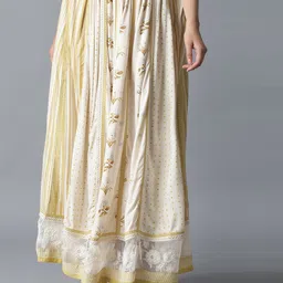 W Women Beige & Off-white Printed Lace Inserted Flared Maxi Skirt-image-60