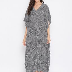 Uptownie Lite Women Black & White Printed Maxi Kaftan Nightdress-image-16
