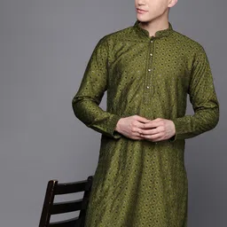 Inddus Ethnic Motifs Embroidered Chikankari Kurta with Trousers-image-78