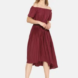 Campus Sutra Women Maroon Solid Accordion Pleat A-Line Dress-image-95