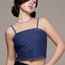 The Roadster Life Co. Shoulder Straps Smocked Detail Pure Cotton Denim Crop Cami Top-image-43