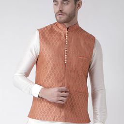 DEYANN Men Orange Woven Design Nehru Jacket-15