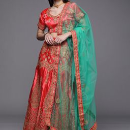 Mitera Pink & Green Embroidered Semi-Stitched Lehenga & Unstitched Blouse With Dupatta-56