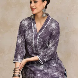Varanga Floral Printed V-Neck Straight Cotton Kurta-image-57
