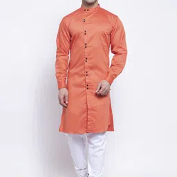 KLOTTHE Men Orange & White Solid Kurta with Churidar Pyjamas-image-61