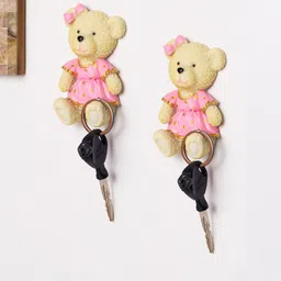 Golden Peacock Cream & Pink Set of 2 Creative Cute Teddy Decorative Key Holder-25