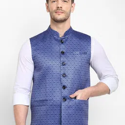 Hangup Men Blue Printed Nehru Jacket-image-56