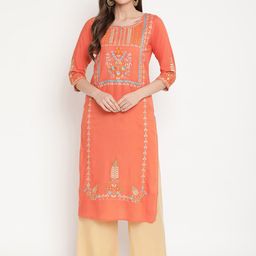 Ramas Women Peach-coloured Ethnic Motifs Embroidered Thread Work Kurta-picture-3