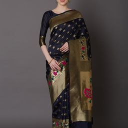 Mitera Navy Blue Silk Blend Printed Kanjeevaram Saree-picture-42