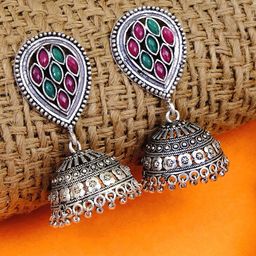Crunchy Fashion Oxidized Silver-Plated Pink & Green Studded Dome Shaped Jhumkas-image-85
