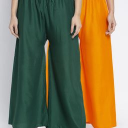 GRACIT Women Orange & Green Set of 2 Solid Wide Leg Palazzos-image-84
