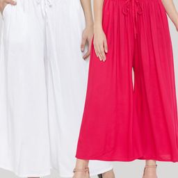 Clora Creation Women White & Magenta 2 Knitted Ethnic Palazzos-94