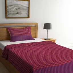 KLOTTHE Purple & Red Checked Cotton Single Bed Cover With Pillow Cover-13