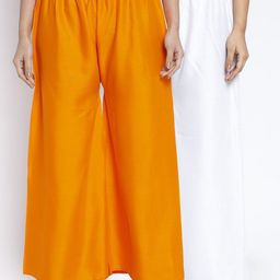 GRACIT Women White & Orange Set of 2 Solid Flared Palazzos-picture-15