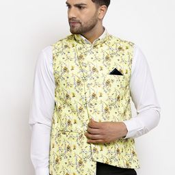 KLOTTHE Men Yellow Printed Cotton Blend Nehru Jacket-picture-20