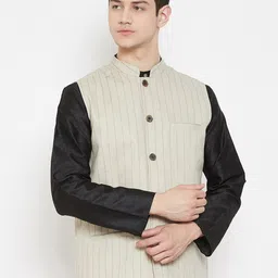 even Men Beige & Brown Striped Linen Nehru Jacket-picture-35