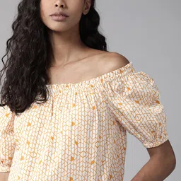 The Roadster Lifestyle Co Women Off White & Mustard Brown Geometric Print Pure Cotton Off-Shoulder Top-picture-11