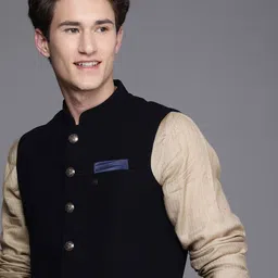 Manyavar Men Navy Blue Solid Nehru Jacket-8