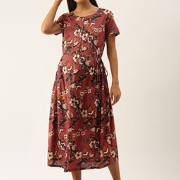Nejo Rust Women Rust Floral Print Maternity Fit & Flare Dress-41