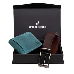 WildHorn Men Teal Blue & Brown RFID Protected Genuine Leather Accessory Gift Set-image-34