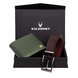 WildHorn Men Green & Brown RFID Protected Genuine Leather Accessory Gift Set-image-38