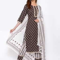 Yuris Women Brown Ethnic Motifs Printed Empire Straight Pure Cotton Kurta with Churidar-picture-39