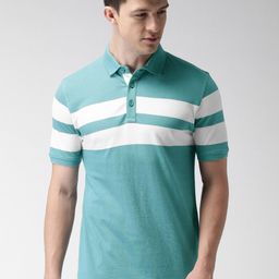 Mast & Harbour Men Teal Striped Polo Collar T-shirt-image-44