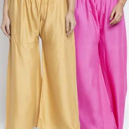 GRACIT Women Beige & Pink Set of 2 Solid Flared Palazzos-image-90