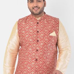 DEYANN PLUS Men Red & Cream-Coloured Woven Design Jacquard Silk Nehru Jacket-24